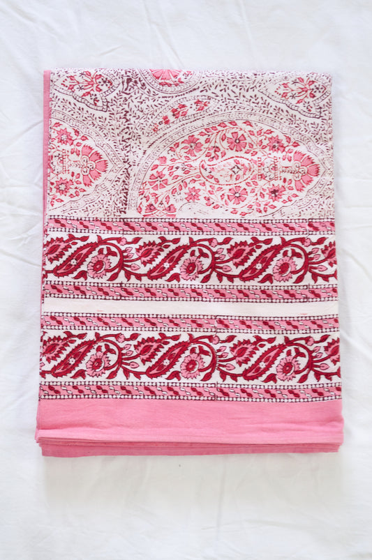 Pink and white paisley tablecloth, blockprinted by hand.