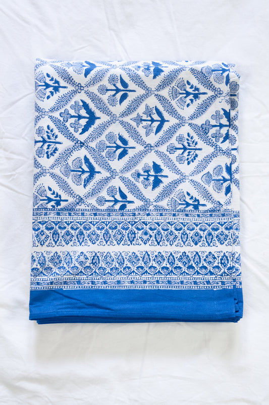 Silver grey and cobalt blue floral lattice design, pure cotton blockprint tablecloth.