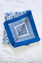 Load image into Gallery viewer, Silver grey and cobalt blue floral lattice design, pure cotton blockprint tablecloth.