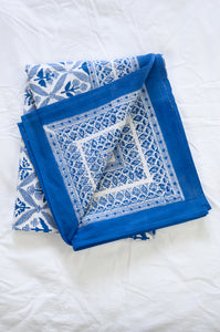 Silver grey and cobalt blue floral lattice design, pure cotton blockprint tablecloth.