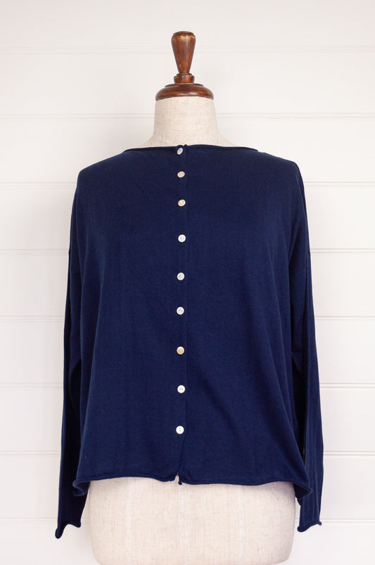 Cotton and cashmere one size easy fit reversible button up cardigan in navy blue.