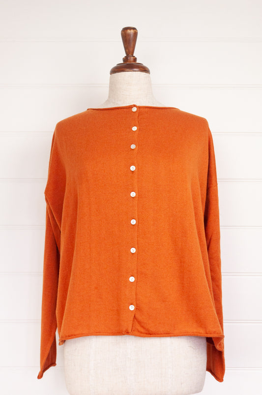 Cotton and cashmere one size easy fit reversible button up cardigan in tamarind tan brown.