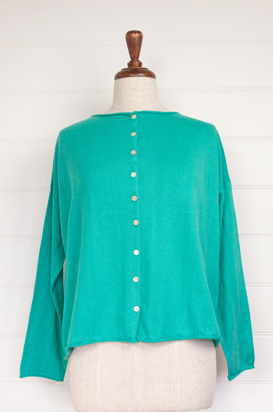 Cotton and cashmere one size easy fit reversible button up cardigan in jade green.