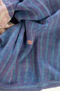 Large vintage kantha quilt in stripes and checks, blue, lavender, mint, pink and white.
