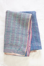 Load image into Gallery viewer, Large vintage kantha quilt in stripes and checks, blue, lavender, mint, pink and white.