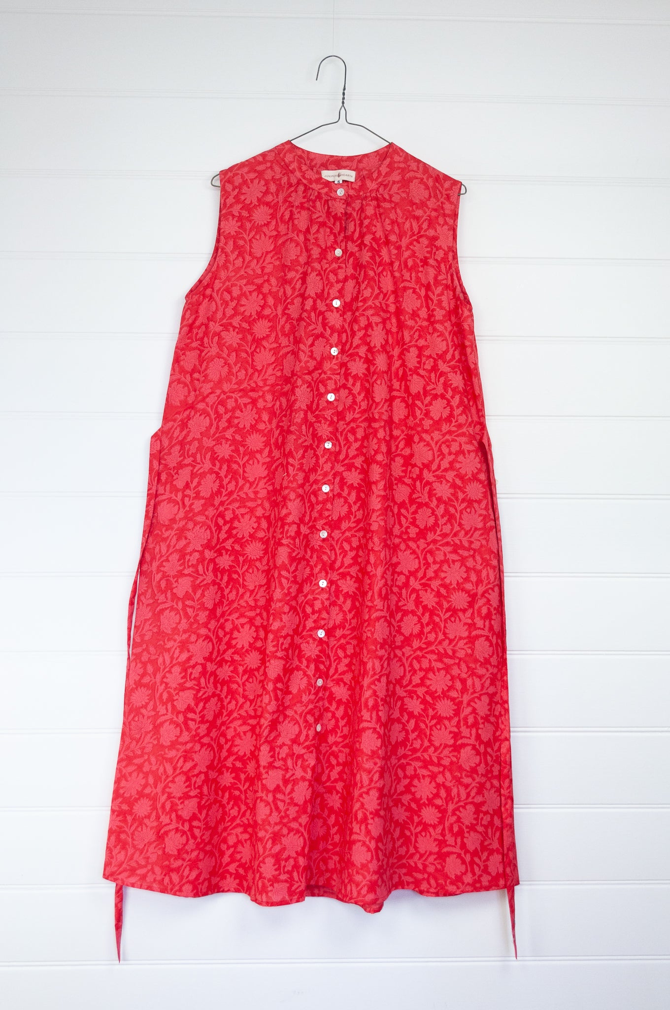 Juniper Hearth Zoe cherry pink red blockprint button up sleeveless sundress in organic cotton.