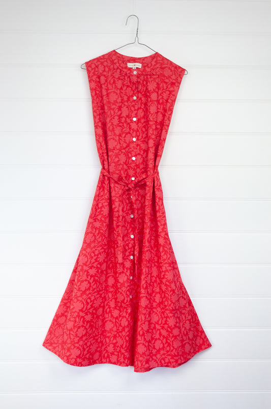 Juniper Hearth Zoe cherry pink red blockprint button up sleeveless sundress in organic cotton.