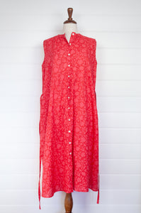 Juniper Hearth Zoe cherry pink red blockprint button up sleeveless sundress in organic cotton.