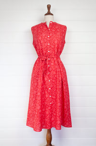 Juniper Hearth Zoe cherry pink red blockprint button up sleeveless sundress in organic cotton.