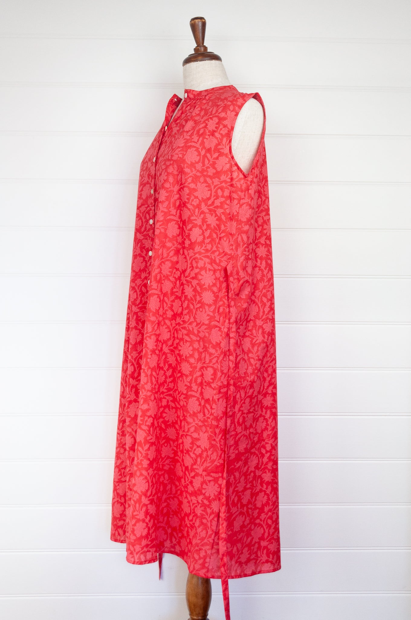 Juniper Hearth Zoe cherry pink red blockprint button up sleeveless sundress in organic cotton.