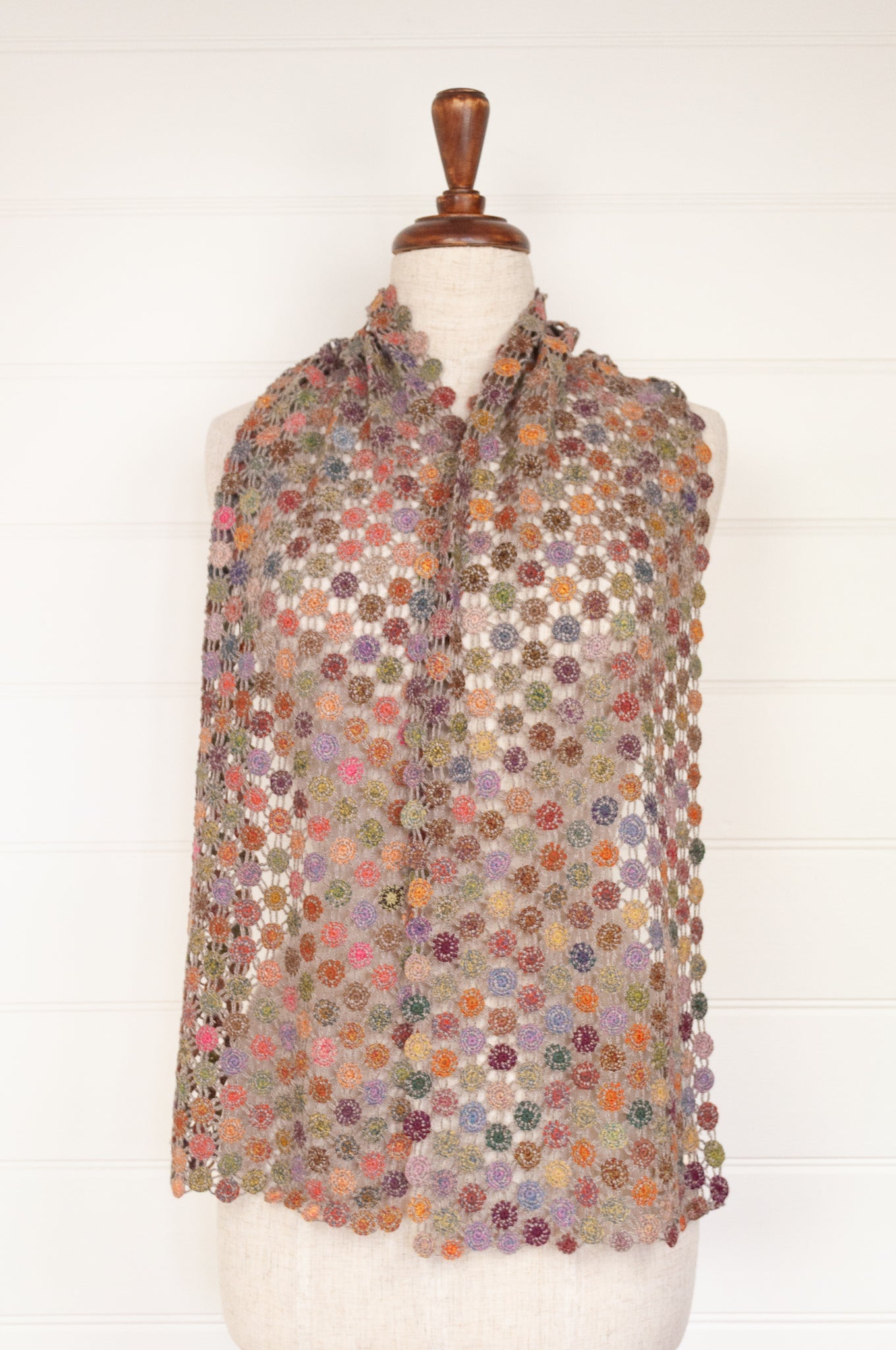 Sophie Digard open work hand crocheted lattice scarf in colourful FRB palette.