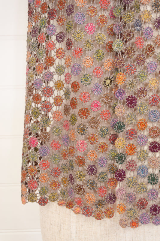 Sophie Digard open work hand crocheted lattice scarf in colourful FRB palette.