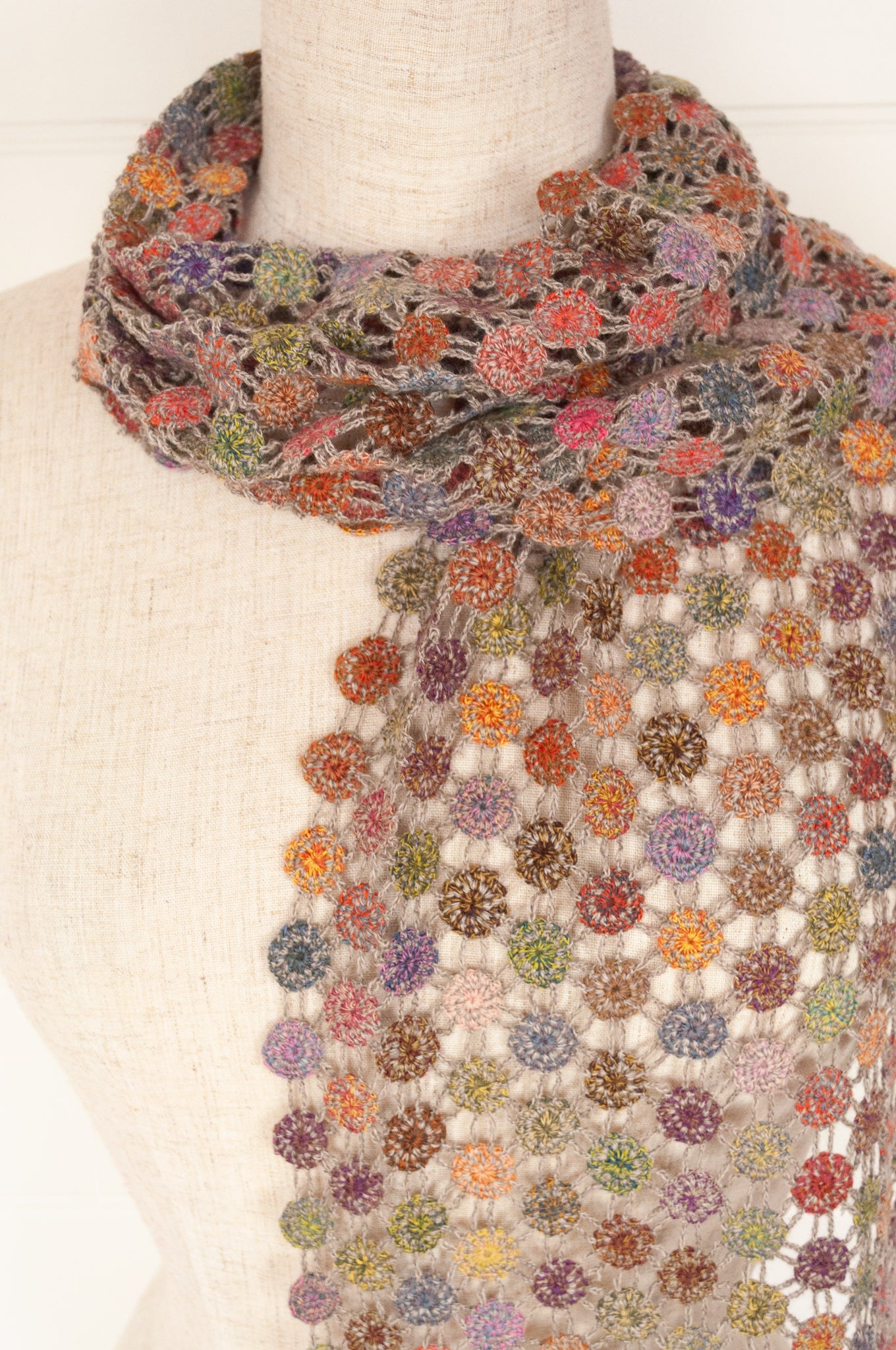 Sophie Digard open work hand crocheted lattice scarf in colourful FRB palette.