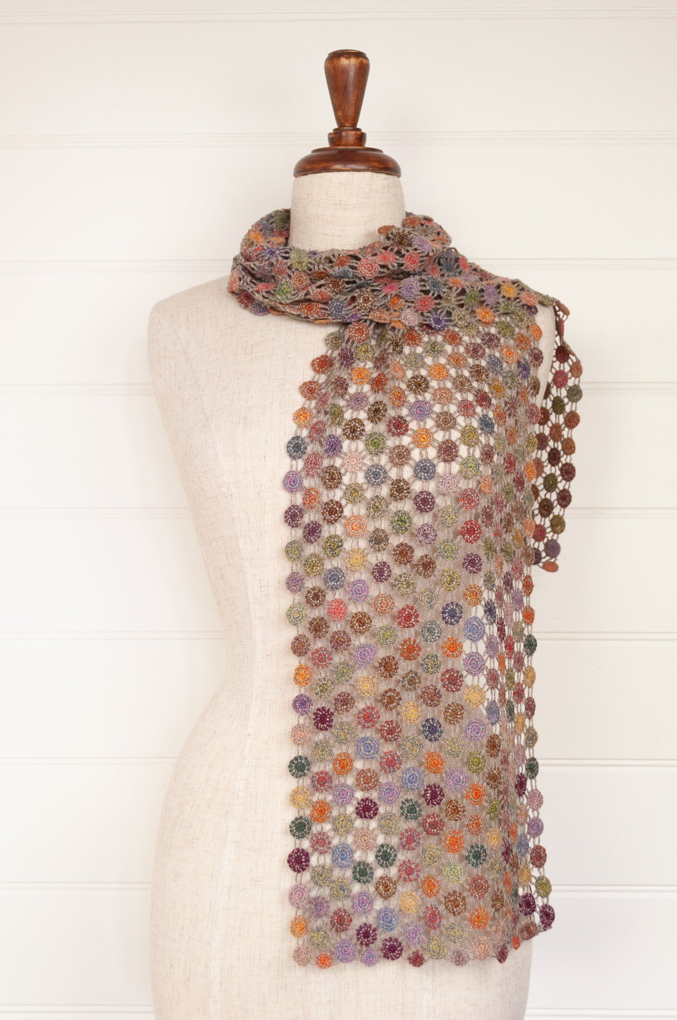 Sophie Digard open work hand crocheted lattice scarf in colourful FRB palette.