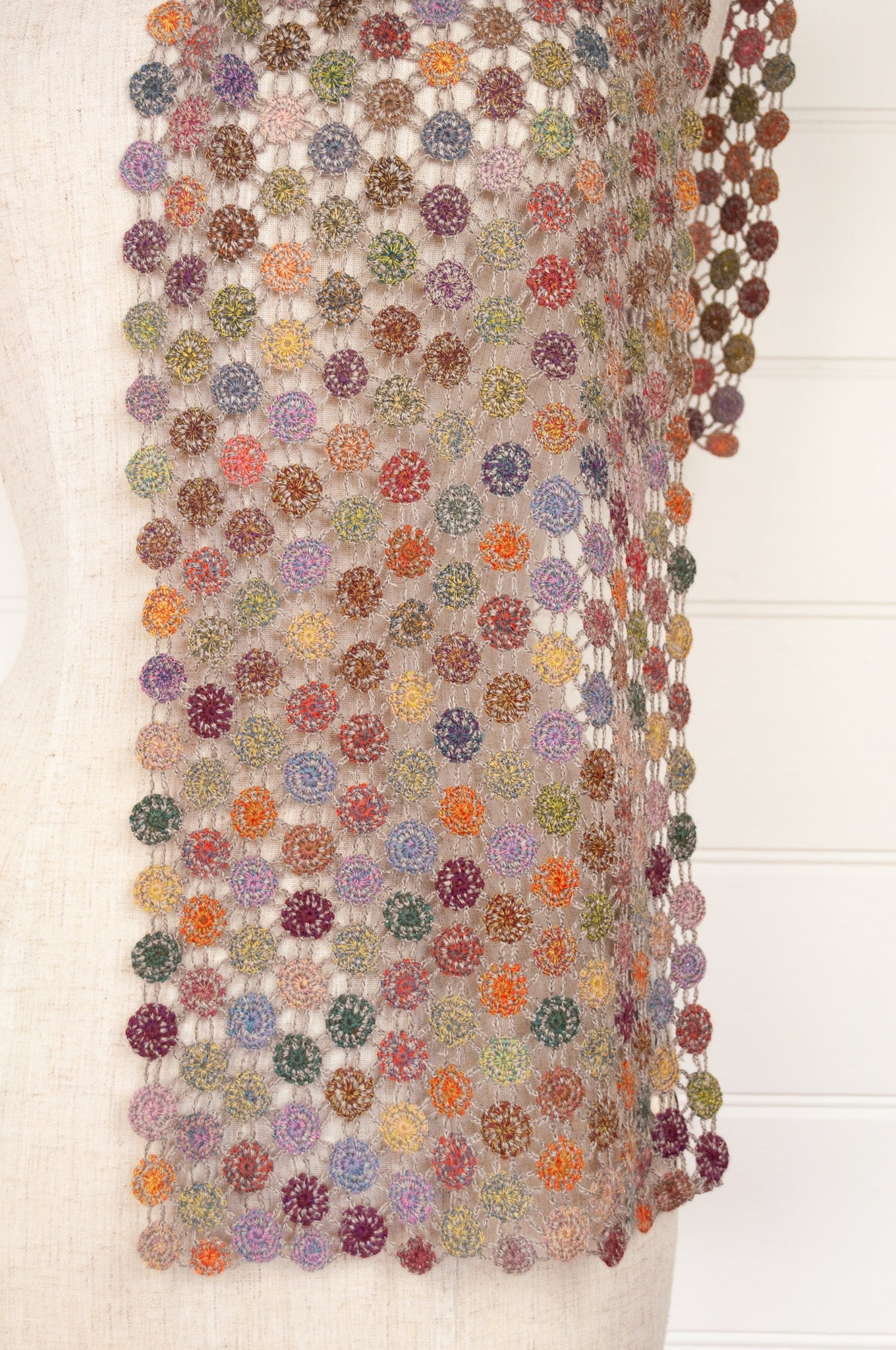 Sophie Digard open work hand crocheted lattice scarf in colourful FRB palette.