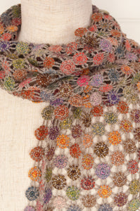 Sophie Digard open work hand crocheted lattice scarf in colourful FRB palette.