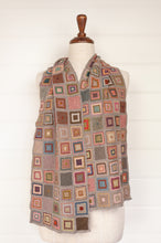Load image into Gallery viewer, Sophie Digard hand crocheted large merino wool scarf in Square design, patchwork of colourful squares on a neutral background.