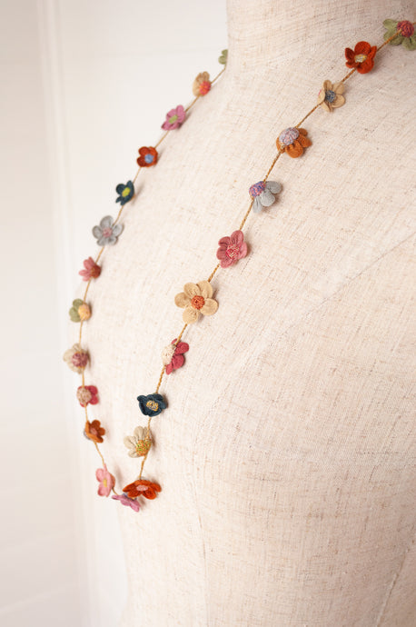Sophie Digard hand made linen flower necklace in colourful palette.