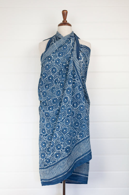 Cotton voile sarong blockprinted by hand with natural indigo.