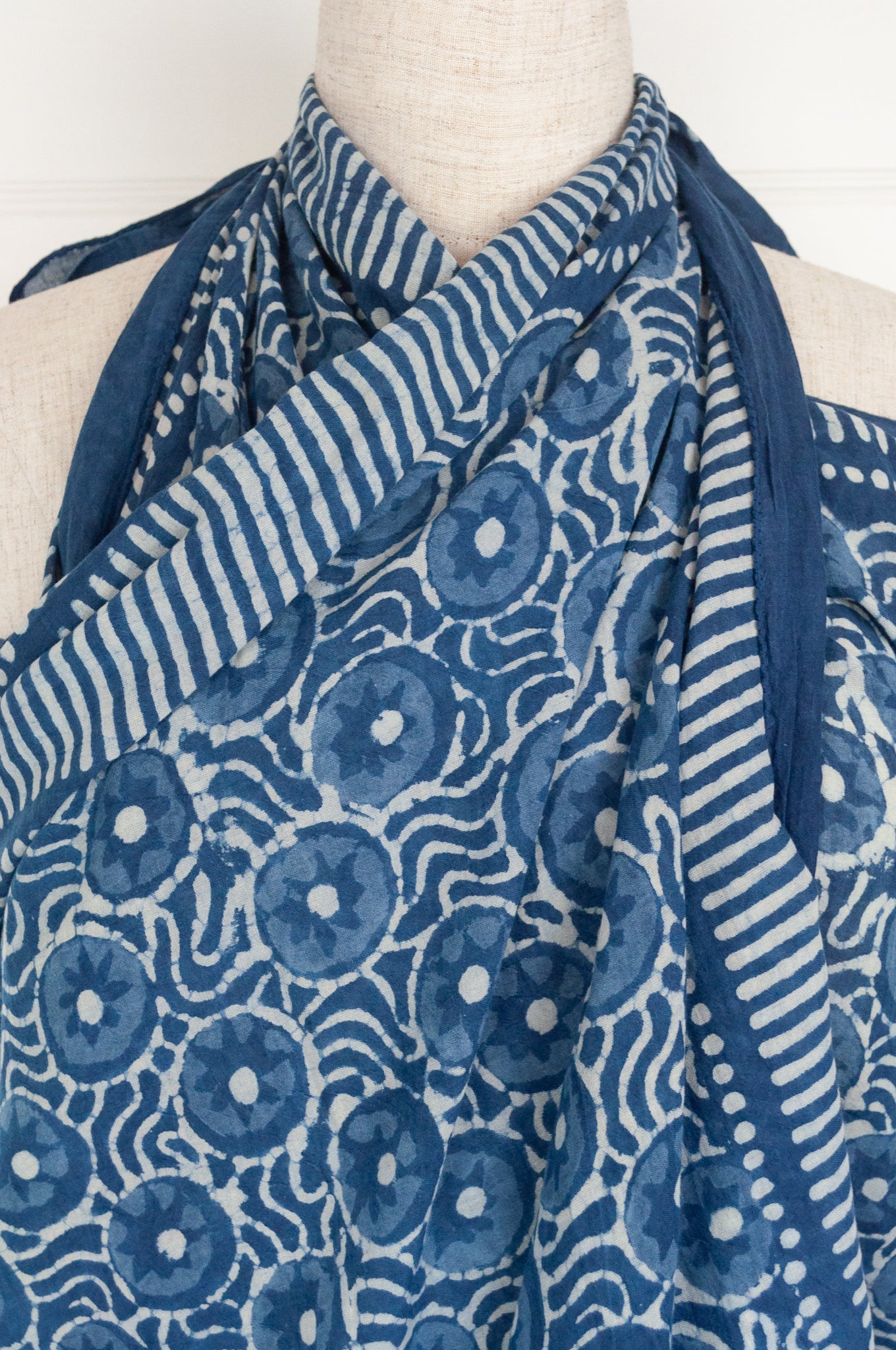 Cotton voile sarong blockprinted by hand with natural indigo.