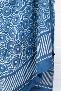 Cotton voile sarong blockprinted by hand with natural indigo.