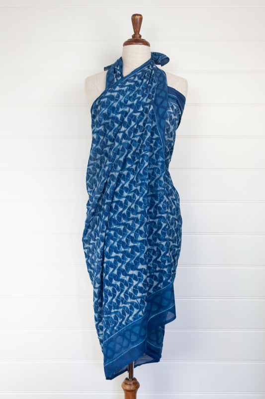 Cotton voile sarong blockprinted by hand with natural indigo.