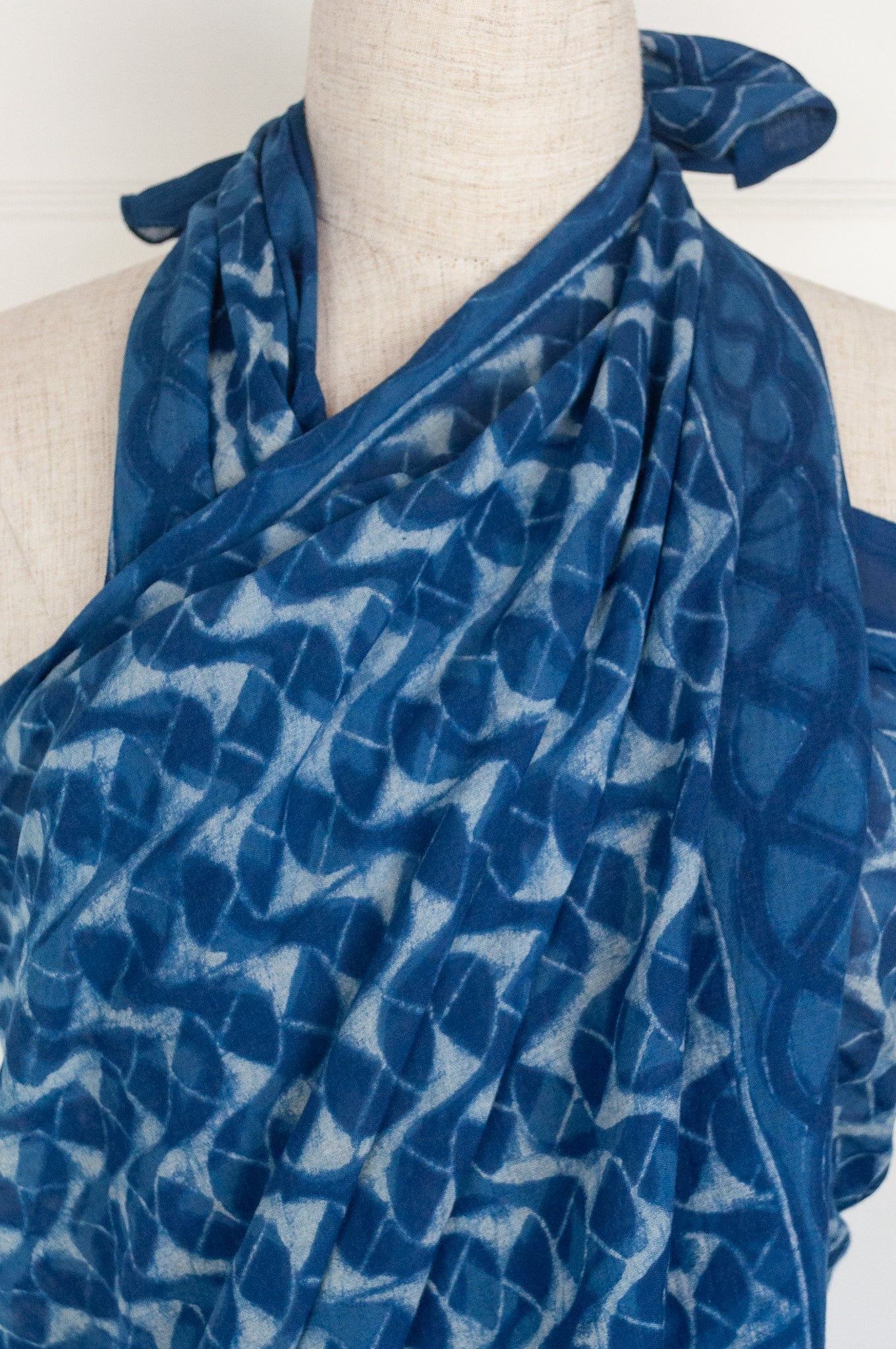 Cotton voile sarong blockprinted with natural indigo.