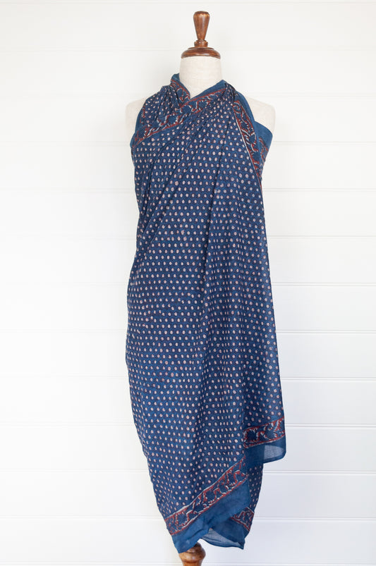 Cotton voile sarong blockprinted with natural indigo and rust.