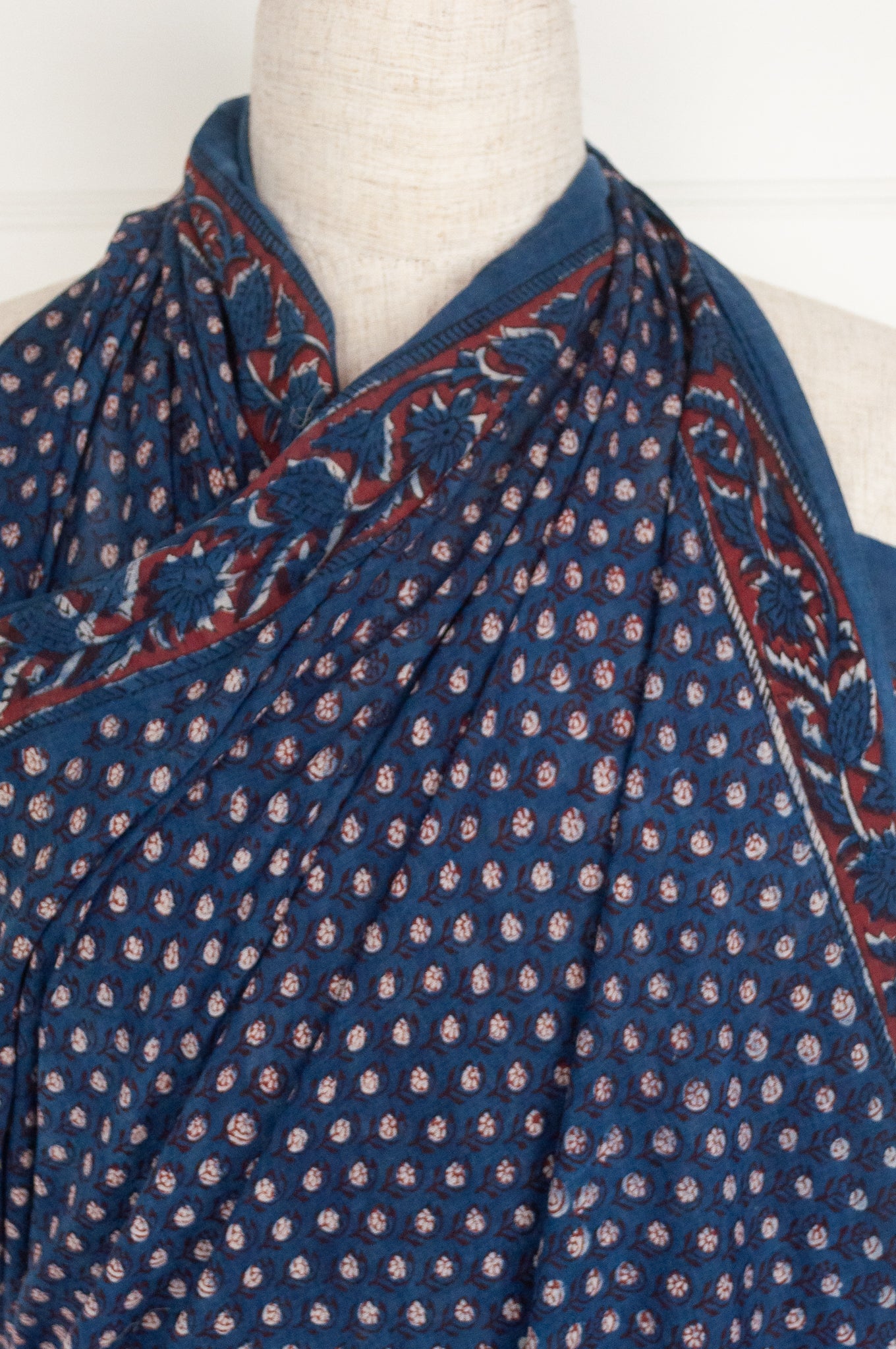Cotton voile sarong blockprinted with natural indigo and rust.