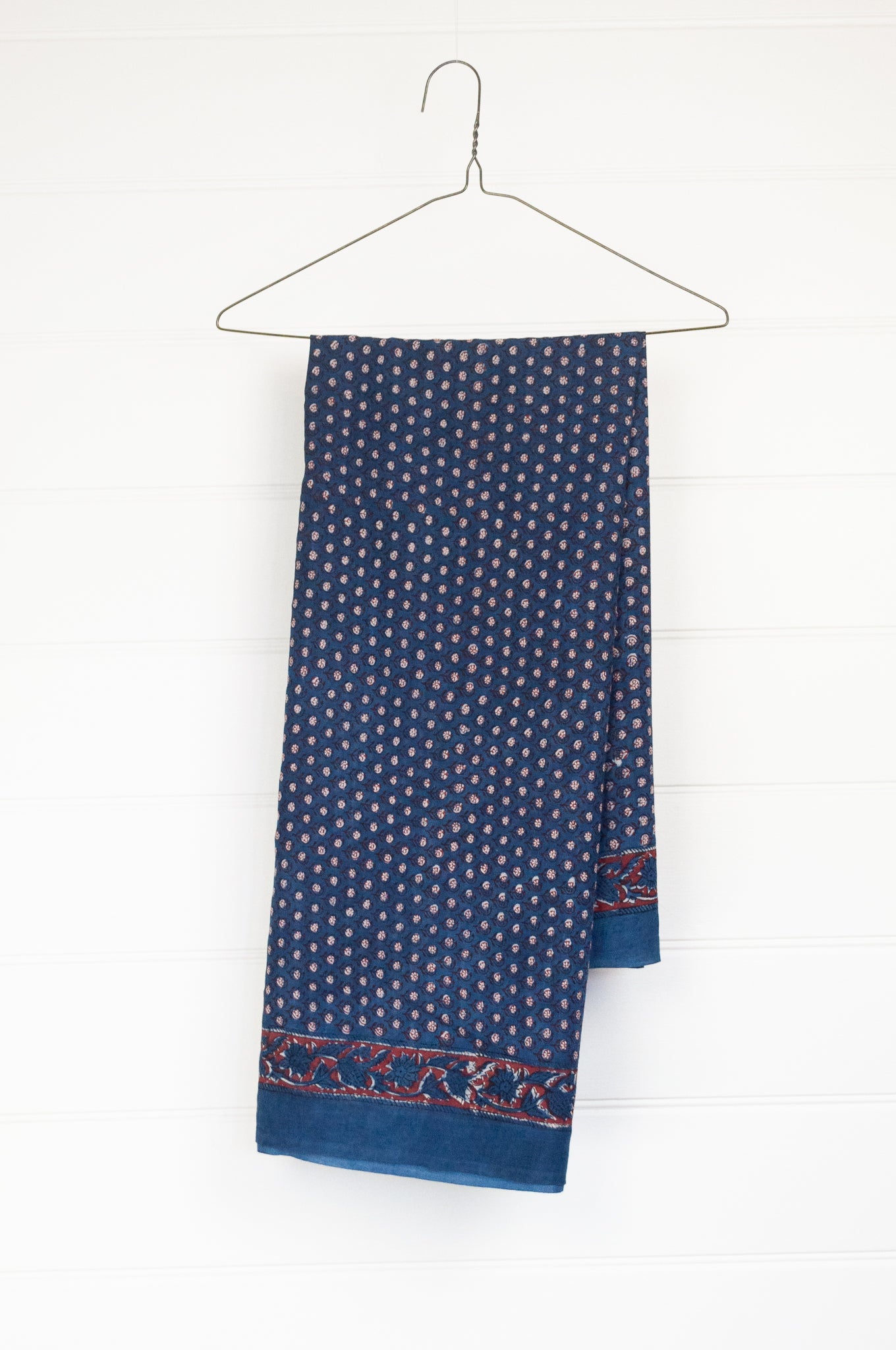 Cotton voile sarong blockprinted with natural indigo and rust.