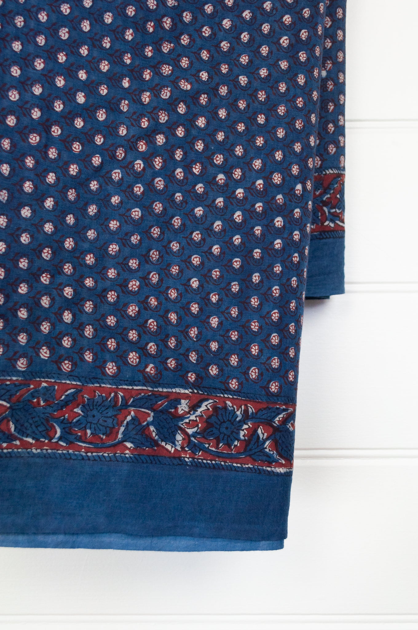 Cotton voile sarong blockprinted with natural indigo and rust.