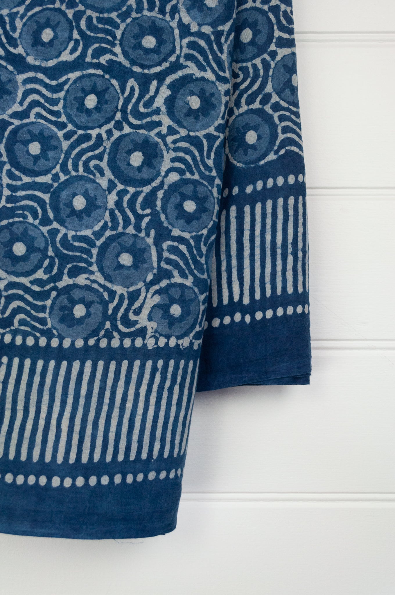 Cotton voile sarong blockprinted by hand with natural indigo.