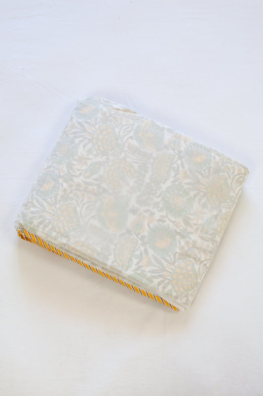 Pure cotton muslin dohar three layers with blockprint design in yellow and green marigold floral.