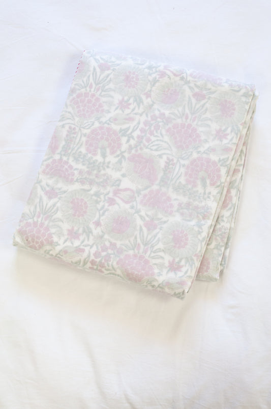 Pure cotton muslin dohar with blockprinted centre in red and green floral carnation design.