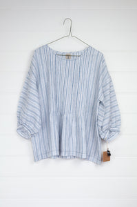 DVE Anisha top one size with pintuck bodice in blue and white stripe linen.