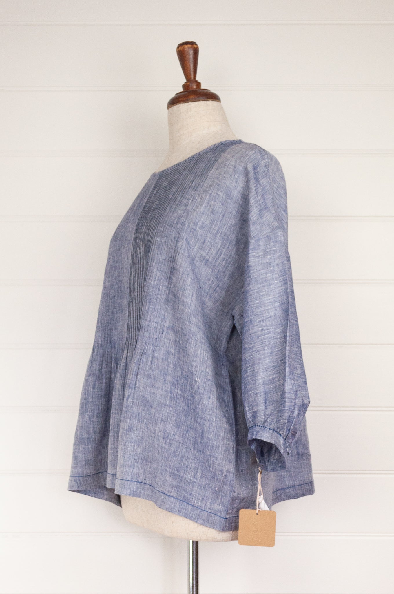 DVE Anisha top one size with pintuck bodice in chambray blue linen.