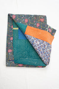Vintage kantha quilt, colourful floral on ink black with multi-colour patch panels on the reverse.