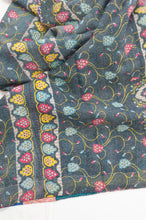 Load image into Gallery viewer, Vintage kantha quilt, colourful floral on ink black with multi-colour patch panels on the reverse.