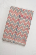 Load image into Gallery viewer, Traditional lohori wave kantha quilt red and blue stitching on white background.
