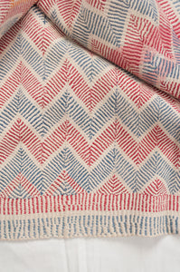Traditional lohori wave kantha quilt red and blue stitching on white background.