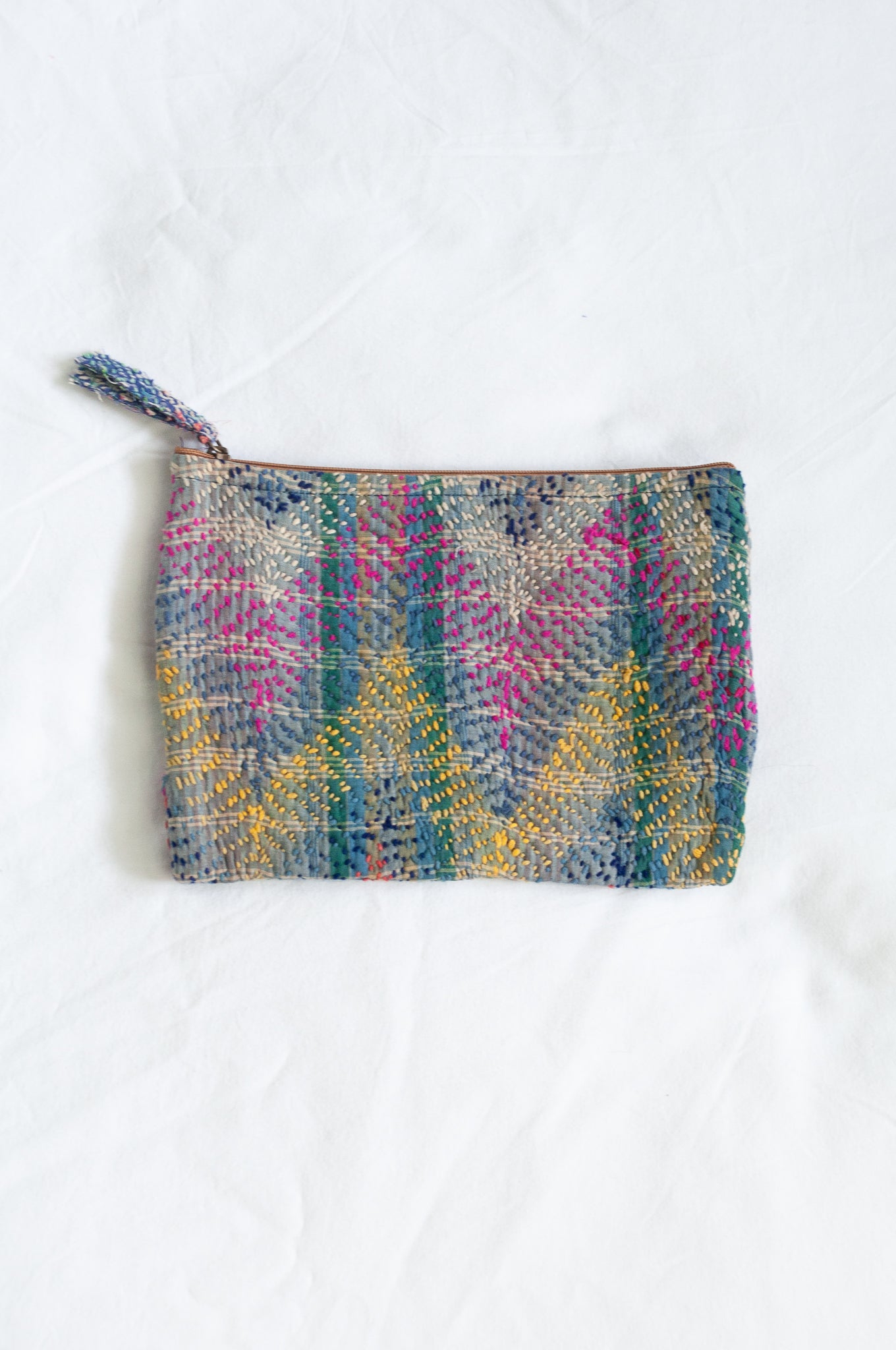 Colourful vintage lohori kantha zippered pouch