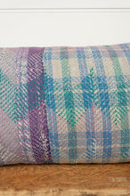 Load image into Gallery viewer, Lohori kantha stitch quilt cushion cover in aqua and pink stitching on stripe background.