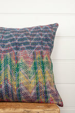 Load image into Gallery viewer, Lohori kantha stitch quilt cushion cover in multi-colour stitching on stripe background.