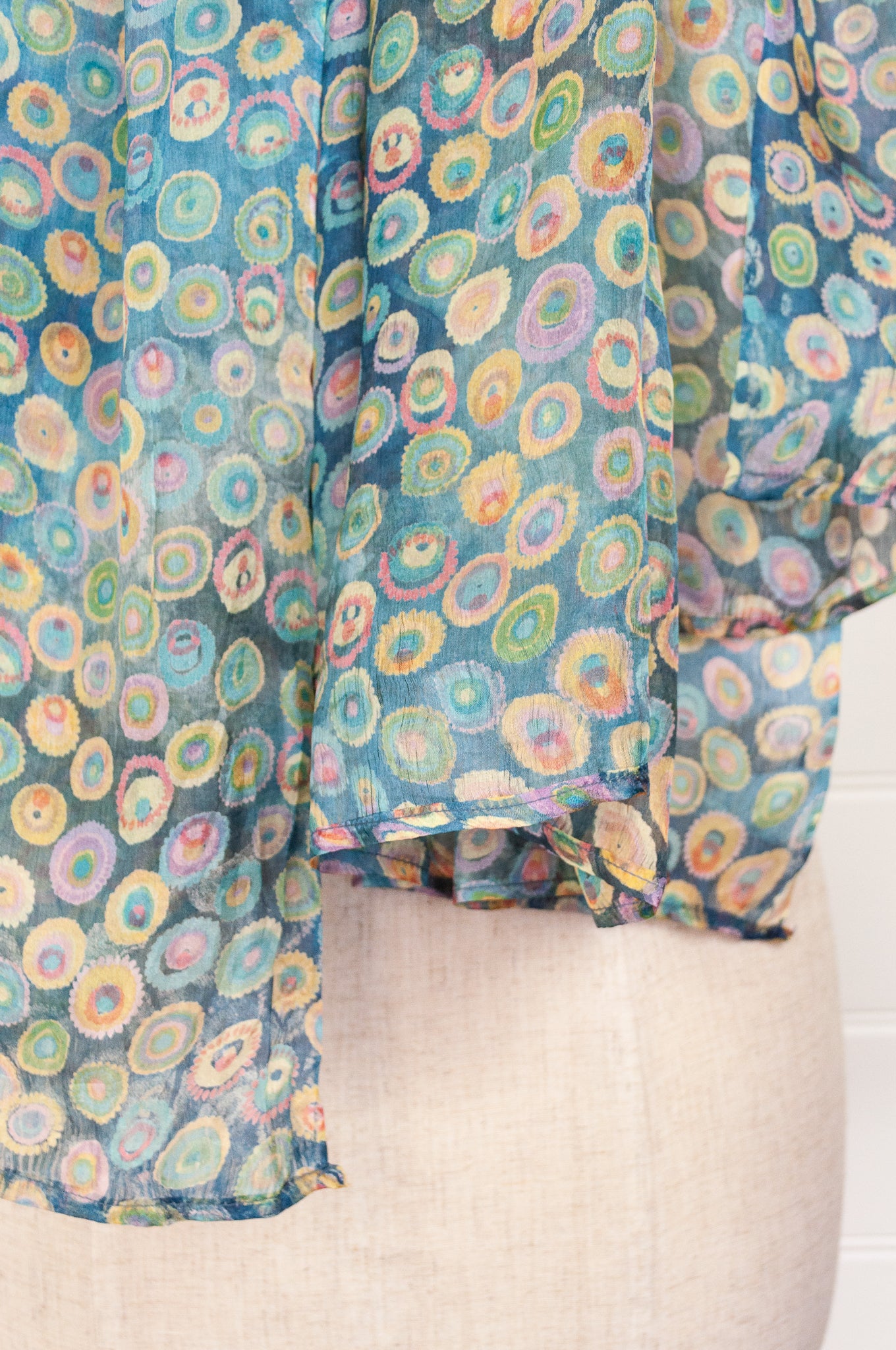Pure silk digital print spotty scarf in smoke blue and aqua.