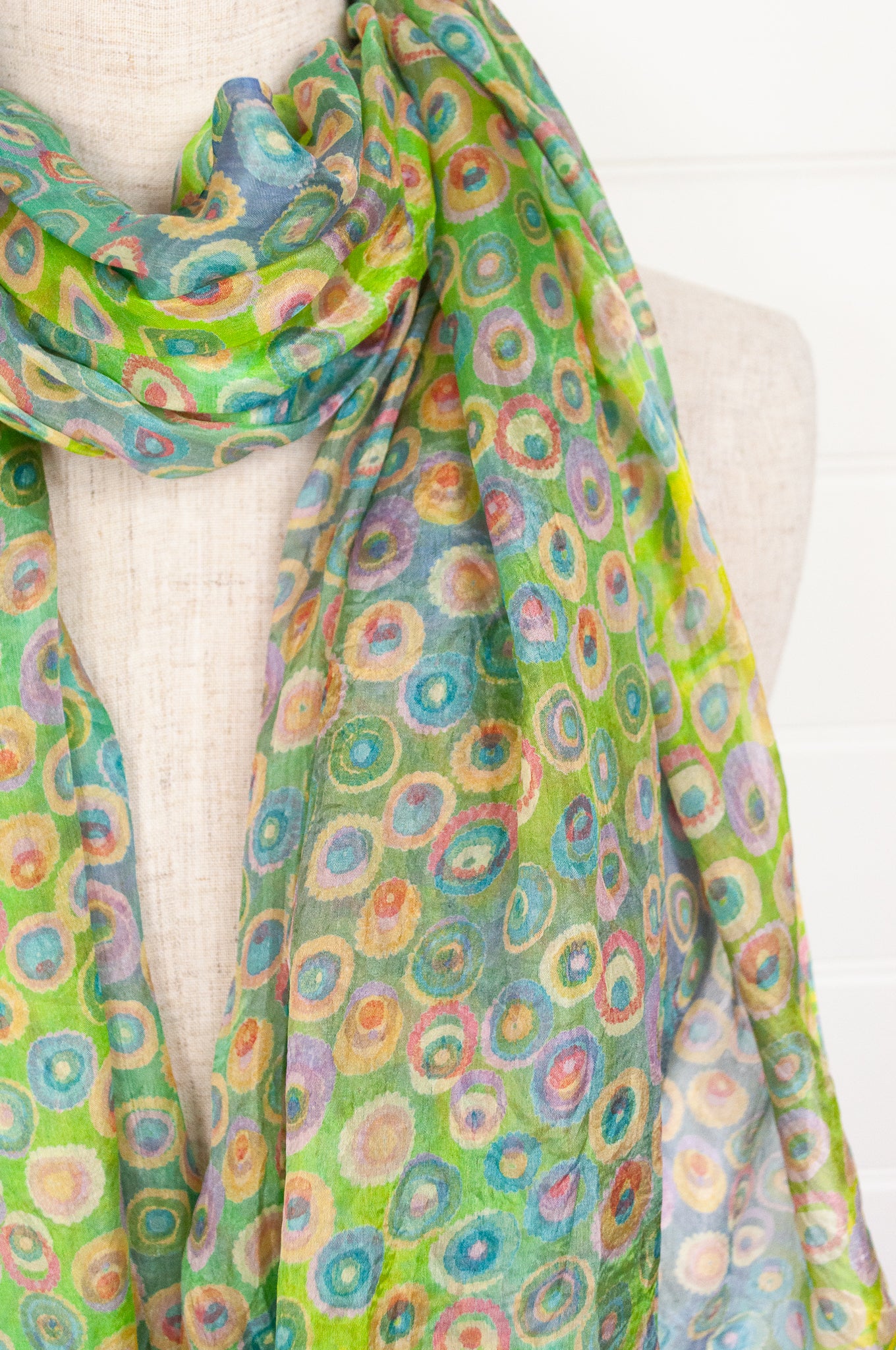 Pure silk digital print spotty scarf in lime green, turquoise, pink.