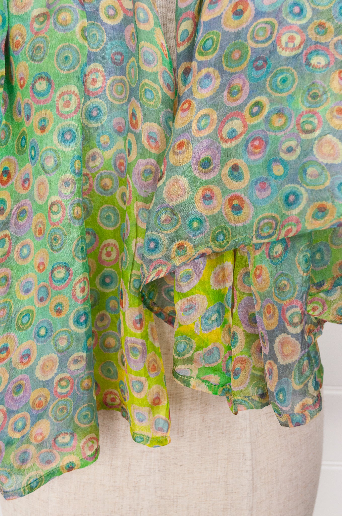 Pure silk digital print spotty scarf in lime green, turquoise, pink.