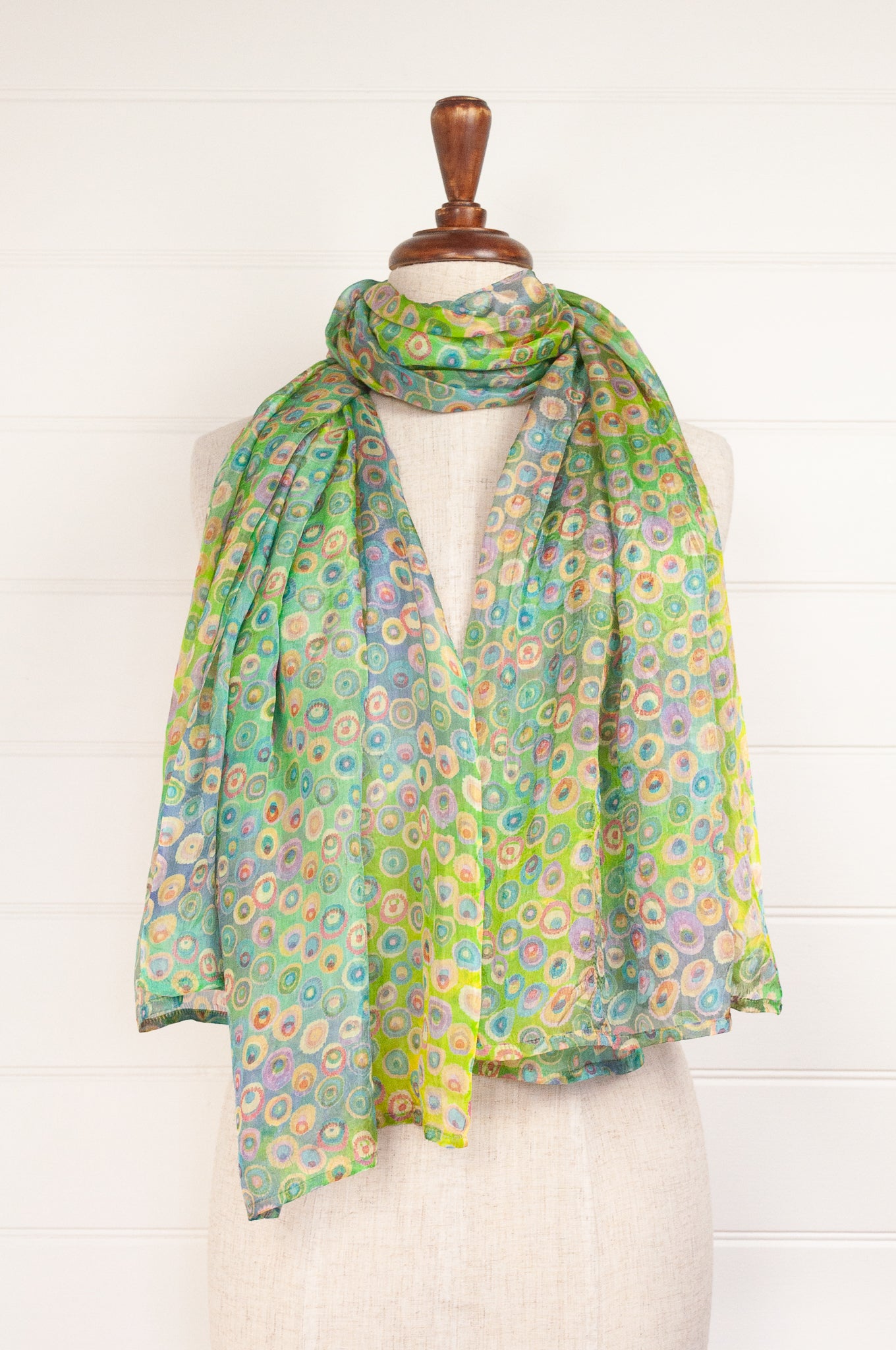 Pure silk digital print spotty scarf in lime green, turquoise, pink.