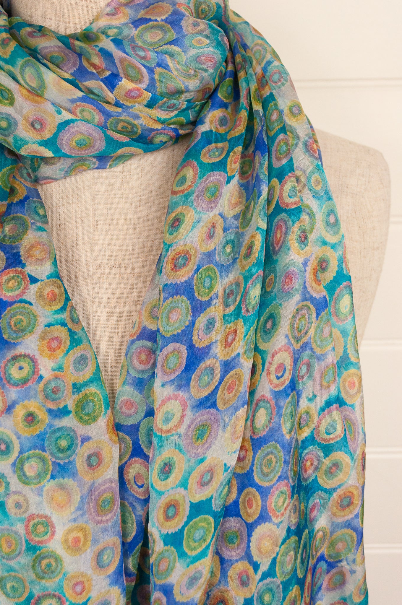 Pure silk digital print spotty scarf in aqua and cobalt on white.