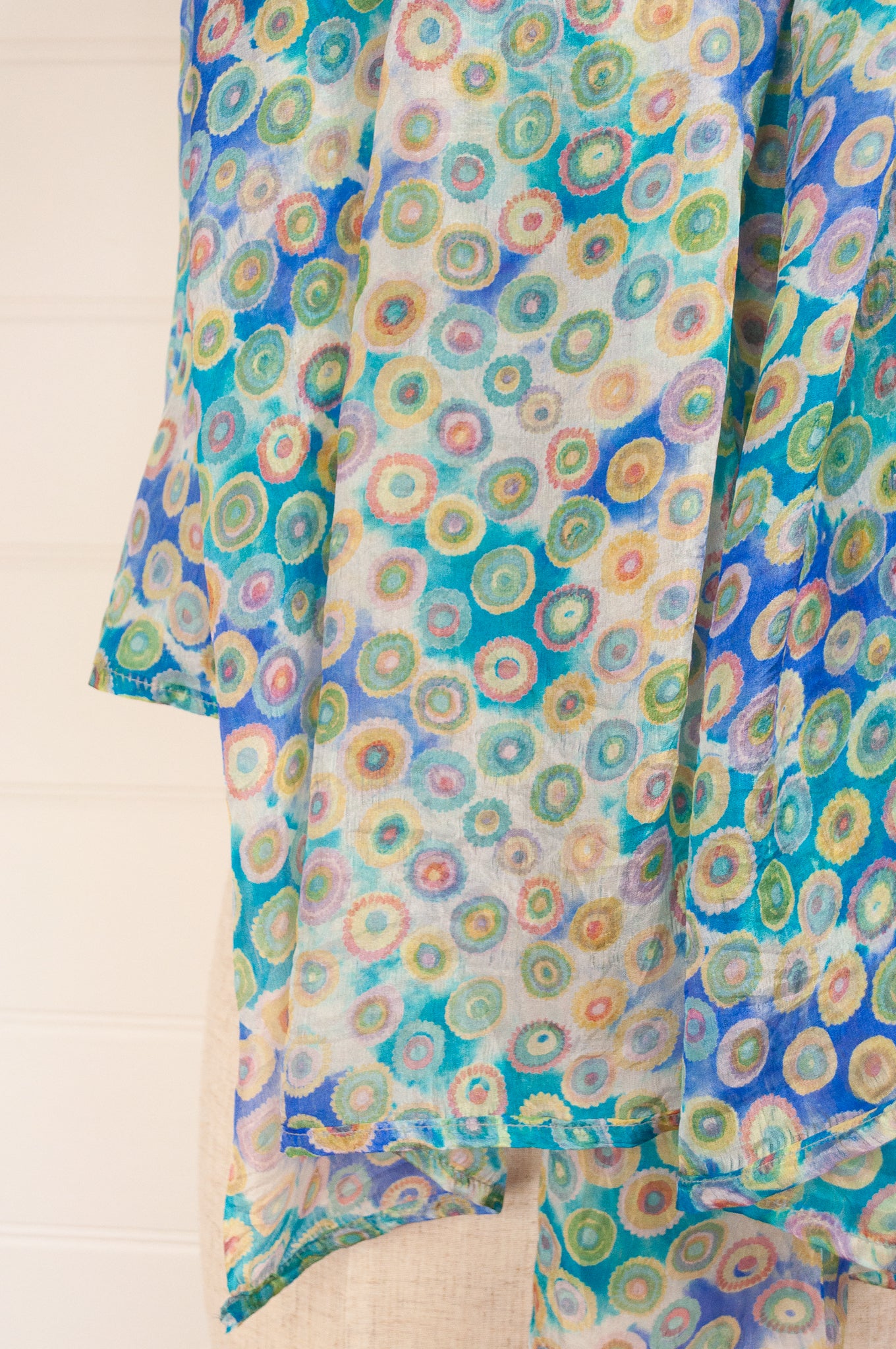 Pure silk digital print spotty scarf in aqua and cobalt on white.
