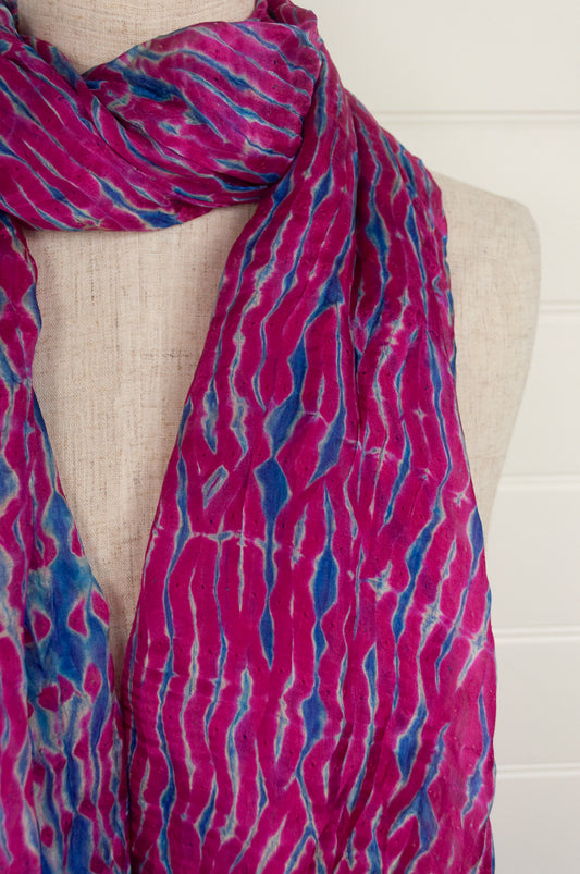 Magenta pink and cobalt blue silk shibori scarf.